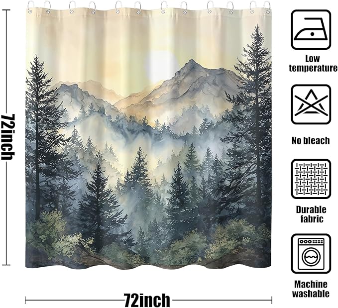 Misty Forest Mountain Shower Curtain, Nature Scenery Watercolor Pine Tree Landscape, Foggy Morning Mountain Peak Aesthetic Bathroom Decor, Waterproof Fabric, 72x72 Inch.
