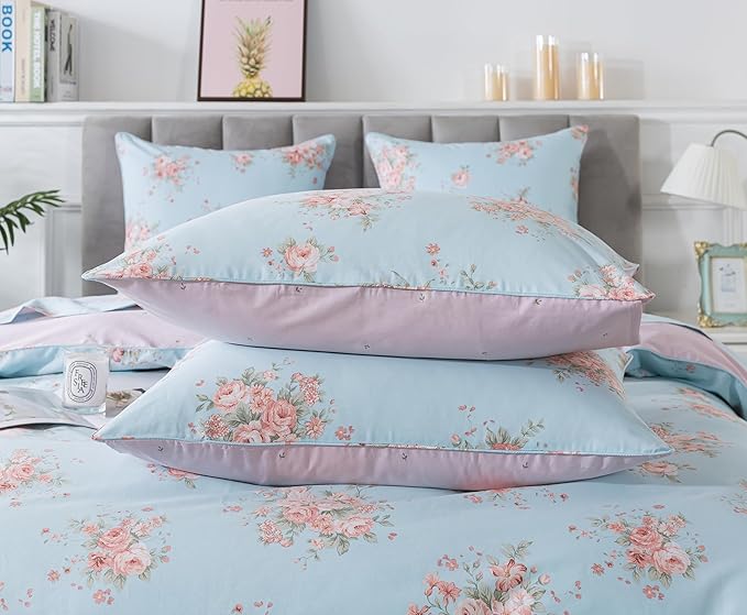 FADFAY Duvet Cover Set Queen Blue Rose Floral Bedding Rustic Peony Flower Comforter Cover Set Vintage Farmhouse Bedding 100% Cotton Ultra Soft Quilt Cover with Hidden Zipper Closure 3Pcs, Queen Size