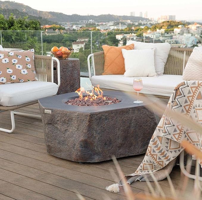 Elementi | Columbia Gas Fire Pit Cast Concrete Semi-Round Fire Table, Outdoor Fire Pit Electronic Ignition | Canvas Cover, Lava Rock Included | Natural Gas