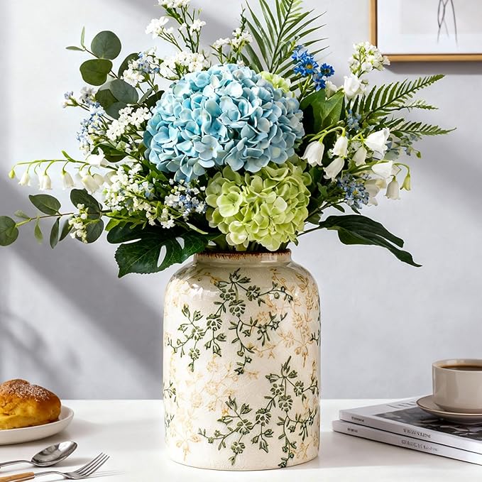 Fitous Green Chinoiserie Floral Vase, Ceramic Farmhouse Flower Vase, Creative Ice Cracked Vintage Vases for Home Decors, Cottage, Dining Coffee Table Centerpiece, Bookshelf, Tuscan Decor,8.3 Inch
