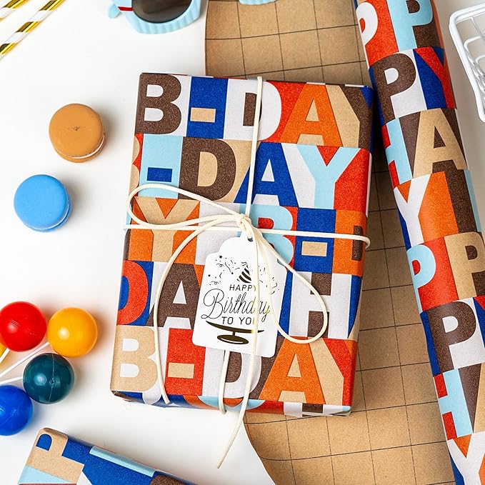 MAYPLUSS Happy Birthday Wrapping Paper Roll, Colorful Kraft Birthday Gift Wrap for Men Boys Girls Women 17 IN x 16.5 FT