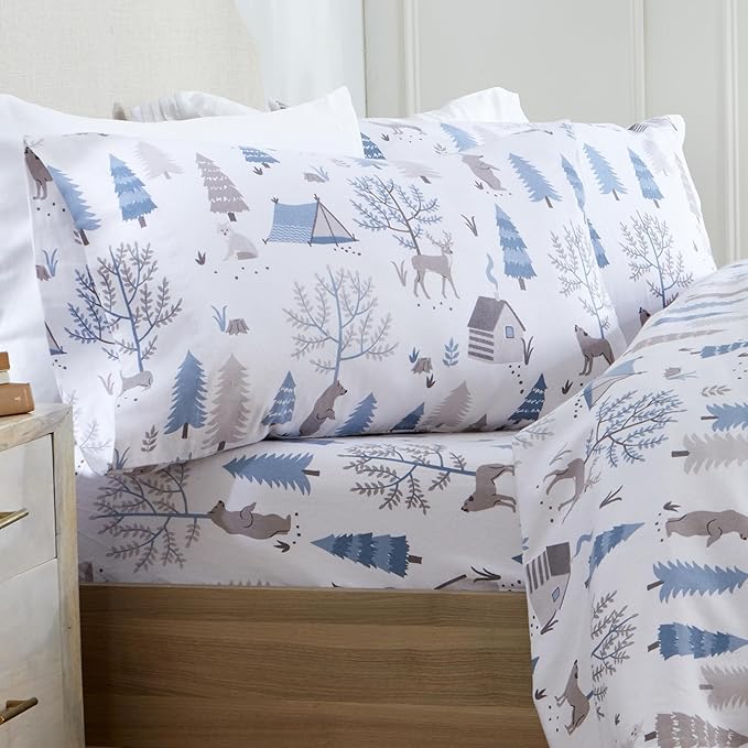 Market & Place 100% Turkish Cotton Flannel Sheet Set | 4 Piece Deep Pocket Novelty Cozy Winter Bed Sheets | Double Brushed for Extra Softness & Comfort | Alpine Collection (King, Winter Wildlife)