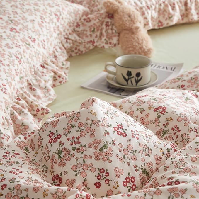 Girls Pink Floral Duvet Cover Full Size Cute Pink Red Flower Duvet Cover 100% Cotton Aesthetic Floral Bedding Set Botanical Flower Cottagecore Comforter Cover with Ruffle Pillowcases for Teen Girls