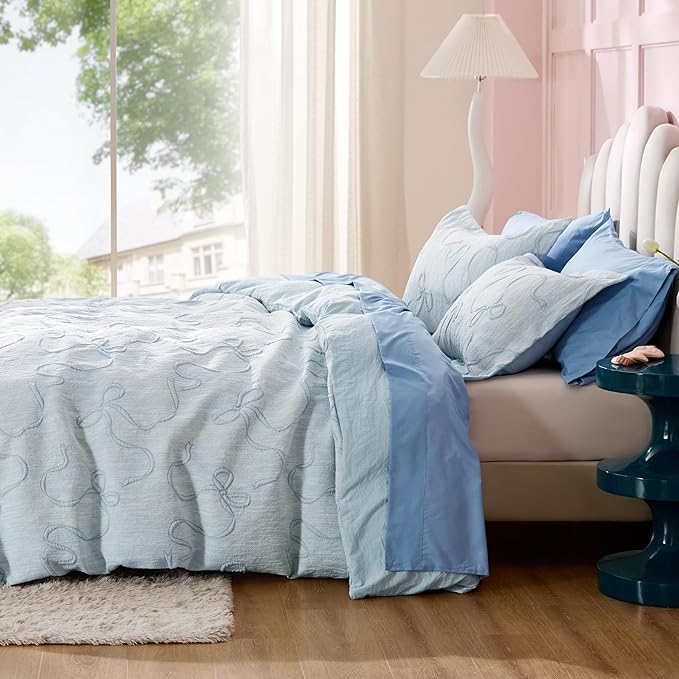 Bedsure Blue Duvet Cover Queen Size with Bowknot Jacquard Design, Soft and Elegant Boho Bedding Set, Luxurious Craftsmanship for a Stylish Bedroom,Includes 1 90"x90" Duvet Cover & 2 Pillow Shams