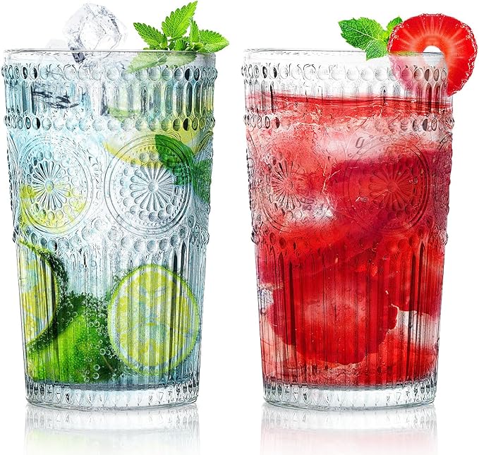 Loivttvv 6pcs Vintage Drinking Glasses Set, 12 oz Clear Highball Glasses, Embossed Ribbed Glassware Cups for Cocktail, Water, Juice, Coffee, Whiskey