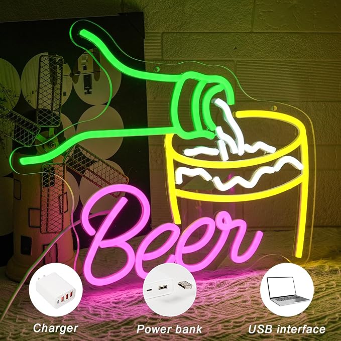 Beer Neon Signs for Wall Decor Colorful Bar Neon Sign Beer Pouring Led Sign Dimmable USB Beer Neon Light for Man Cave Beer Bar Kitchen Restaurant Shop Pub Nightclub Decoration