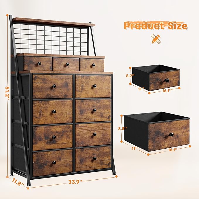 EnHomee 51" H Dresser for Bedroom with LED, 11 Drawer Dresser with Wire Grid Panels & Open Shelves for Entryway, Dorm, Rustic Brown, 11.8" D x 33.9" W x 51.2" H