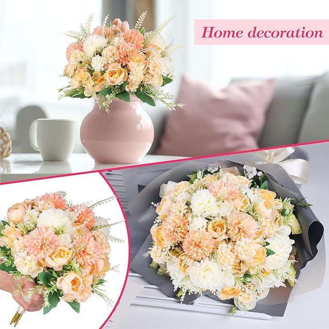 12 Bundles Peonies Artificial Flowers Silk Flowers Fake Peony Bouquet Faux Peonies Flowers Bulk for Wedding Decor Centerpiece Table Decorations (Orange White)
