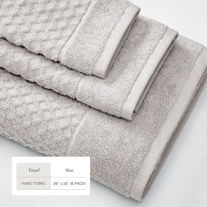 Great Bay Home Hand Towels - 100% Cotton 6 Pack 26x16 Hand Towel Set - Absorbent, Durable, Quick-Dry Towels for Bathroom (Light Grey)
