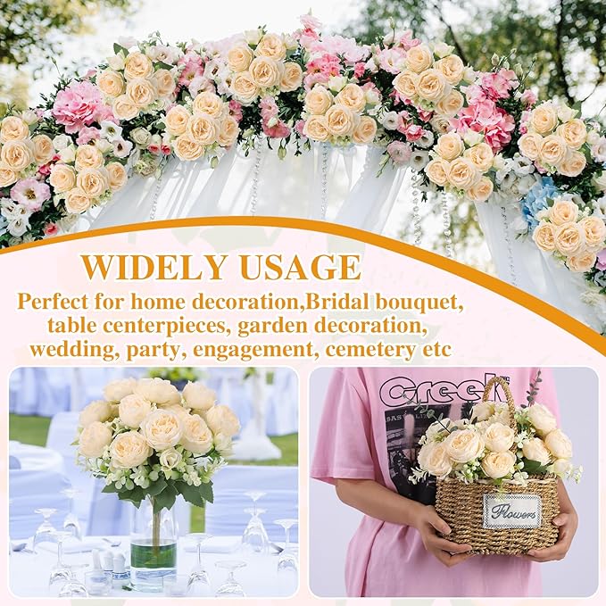 8 Pack Champagne Peonies Artificial Flowers, Cream Fake Silk Hydrangea Bouquet for Bridal Wedding Home Table Decor Reusable Dining Opening Ceremony Birthday Arrangement Faux Floral