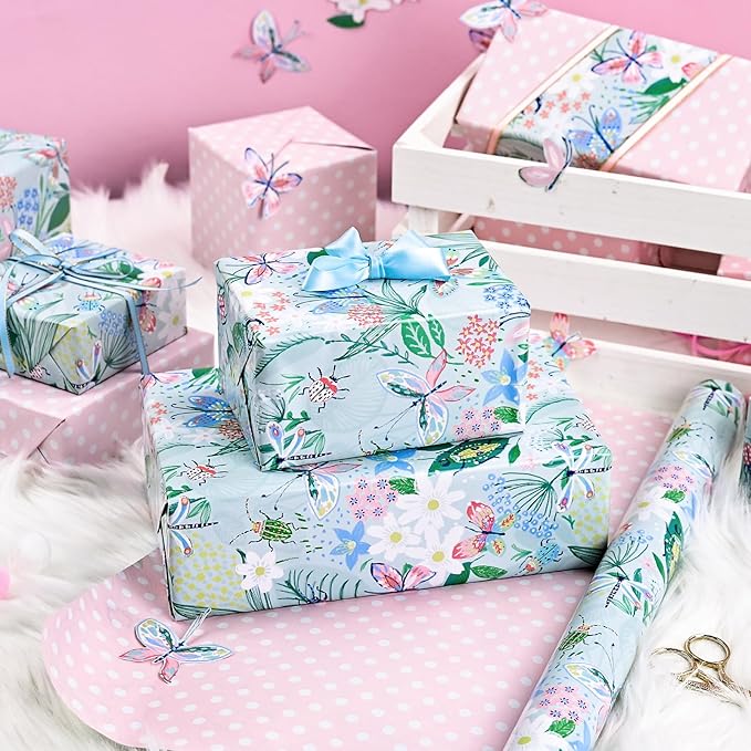Burymento Reversible Butterfly and Floral Design Wrapping Paper Roll - Pink and white polka dot design on the other side, suitable for Valentine's Day, Birthday, Mother's Day, Wedding, Baby Shower