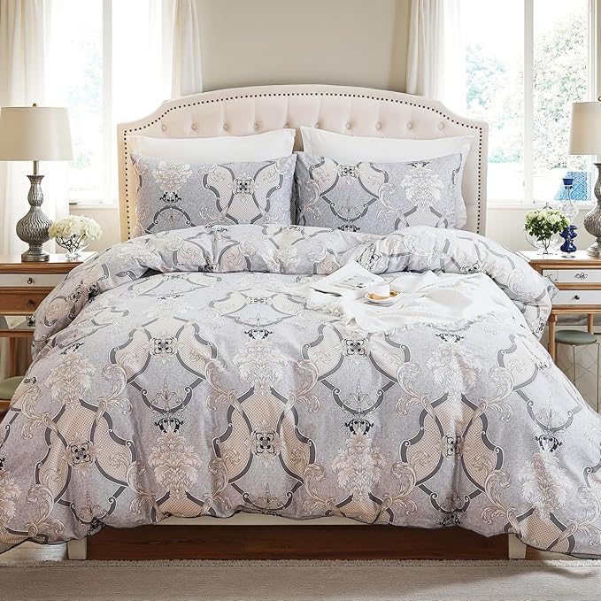 100% Natural Cotton Duvet Cover Set Queen 3 Pcs Grayish Duvet Cover with Luxurious Damask Pattern, Reversible Breathable Soft Comforter Cover Sets with Zipper Closure All Season