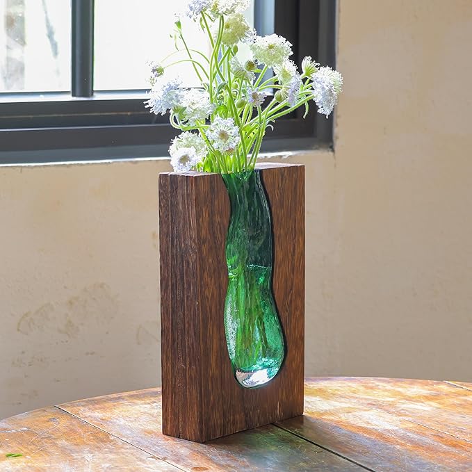 Wood and Glass Inlay Vases Farmhouse Wooden Glass Flower Vase Solid Wood Glass Vase Home Decor Vases for Centerpiece (9.45 Inches)