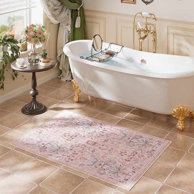 AMTOVO 2x3 Washable Entryway Area Rug Door Mat, Vintage Boho Floral Distressed Print Non-Slip Carpet, Small Throw Rug for Indoor Entrance Kitchen Bedroom Bathroom Laundry Floor, Pink