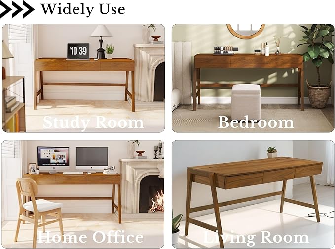 HNY 59 Inches Walnut Wooden Writing Desk with 3 Drawers, Computer Study Table with MDF Top, Solid Rubberwood Legs and Hidden Cable Management Holes, Corner Makeup Vanity Desk for Home Office, Bedroom