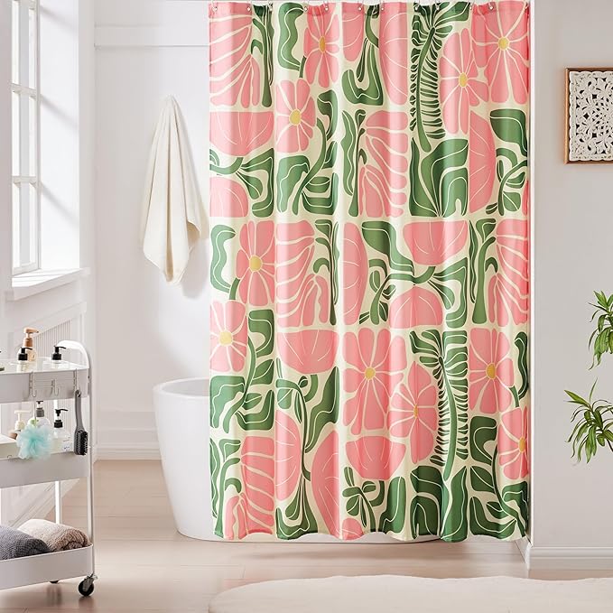 Ohocut Mid Century Modern Abstract Geometric Colorful Boho Shower Curtains for Bathroom, Cute Pink Floral Bathroom Shower Curtain, Vintage Retro Bath Curtain, Waterproof Shower Curtain 72''x72''