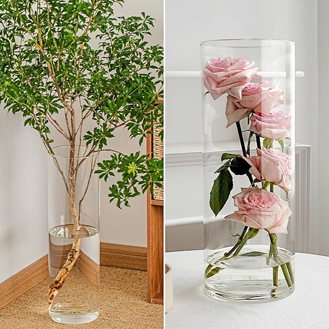 Acrylic Cylinder Clear Vases, Tall Large Plastic Flower Vase for Bouquet, Unbreakable Hurricane Vases Set of 3 for Centerpieces (D 6", D 4.8", D 4" + 3 Holder)