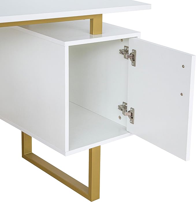 Techni Mobili Storage Drawers and Cabinet 51.25” W-Modern Office Large Floating Desktop Surface Desk, 23.6" D x 51.2" W x 29.8" H, White/Gold