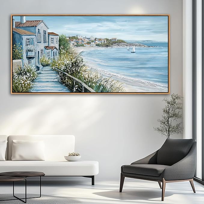 KLAKLA Coastal Decor Nautical Boat on Beach Canvas Picture Ocean Seagull Seascape Canvas Print Farmhouse Artwork for Seashore Bedroom Living Room Large Square Blue Teal 29x58 Inches