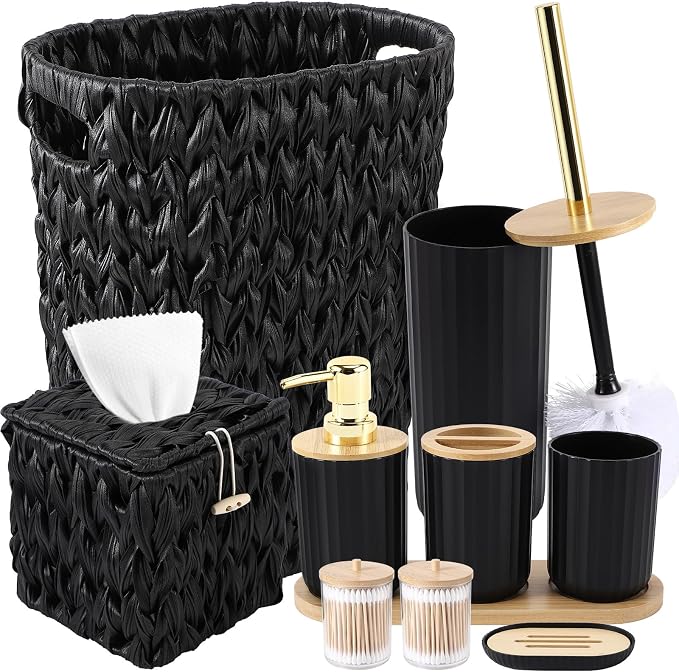 Bathroom Accessory Set, 10 Pieces Bath Set- Wicker Trash Can Tissue Box Soap Dish Toothbrush Holder Rinse Cup Lotion Bottle Toilet Brush Qtip Holder - Practical Bathroom Decor Sets (Black, Bath Set)