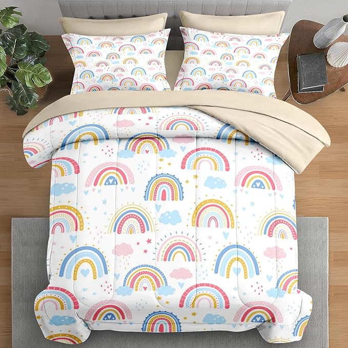 Comforter Set Twin Size, Rainbow Sunshine Star 5 Pcs Bedding for Kids and Adults, Dream Pink Cute Bed Sheet Sets with Fitted Sheet Pillowcase & Sham for Bedroom Bed Decor