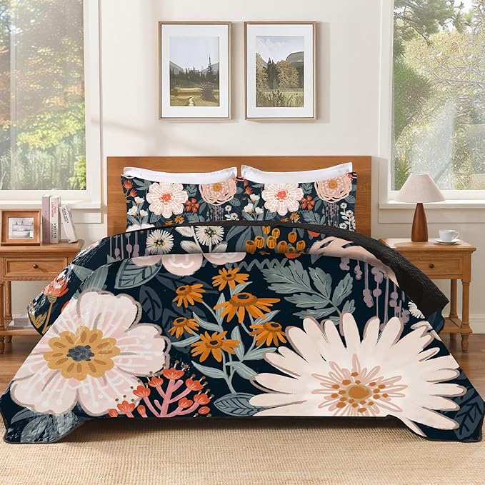 Andency Floral Boho California King Quilt Bedding Set Dark, 3 Pieces Farmhouse Flower Botanical Summer Bedspreads with 2 Shams, Soft Reversible Lightweight Microfiber Coverlet Set, 104"x112"
