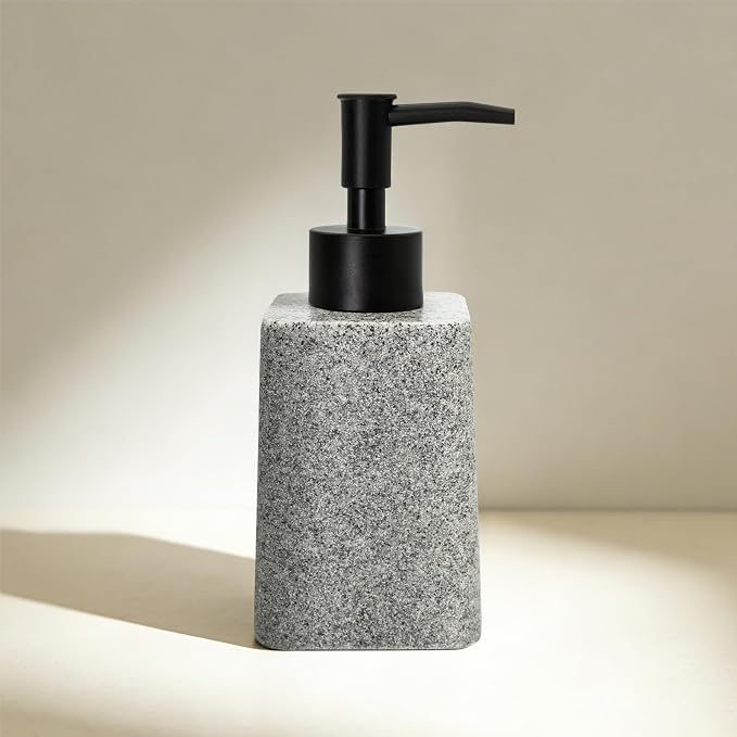 Bathroom & Kitchen Countertop Soap Dispenser, Modern Sandstone-Look Resin Bottle with ABS Pump, Durable Shatter-Resistant 8.5 oz Dispenser (Grey)
