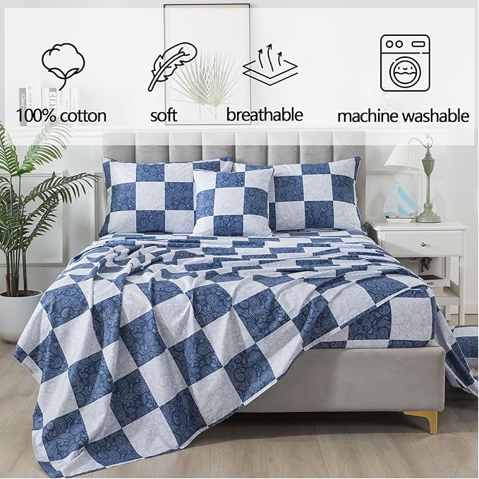FADFAY Paisley Twin Extro Long Size Plaid Navy Blue Sheets 100% Cotton Geometric Checker Bedding Teens Grid Grey Gingham Pattern College Bedding Deep Pocket Sheets with 2 Pillowcases Ultra Soft 4pcs