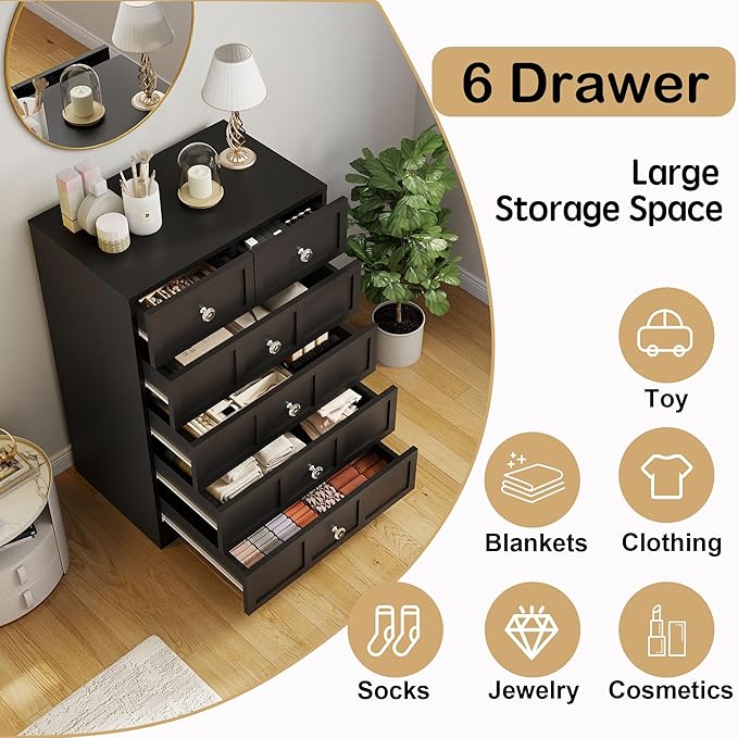 6 Drawer Dresser for Bedroom: 24" Fluted Black Dresser Deep Drawers, Modern Chest of Drawers for Bedroom, Fluted Wood Dressers for Living Room, Hallway (Black, 24")