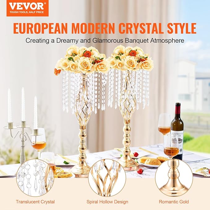 VEVOR Metal Wedding Centerpiece Gold,Crystal,2PCS 55cm/21.65”