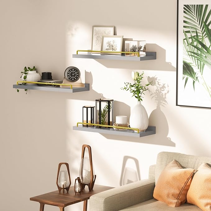 RYOFOBETTO Floating Shelves for Wall Decor, Grey and Gold Shelves for Bathroom, Living Room, Bedroom, Picture Frames, Plants, Kitchen (Set of 3)