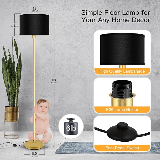 Gold Floor Lamps for Living Room, Modern Bright Standing Lamp, Black Lamp Shades, Foot Switch, Simple Pole Lamps Corner Lamp for Bedroom,Office, Living Room, Den, Black Living Room Lamp(No Bulb)