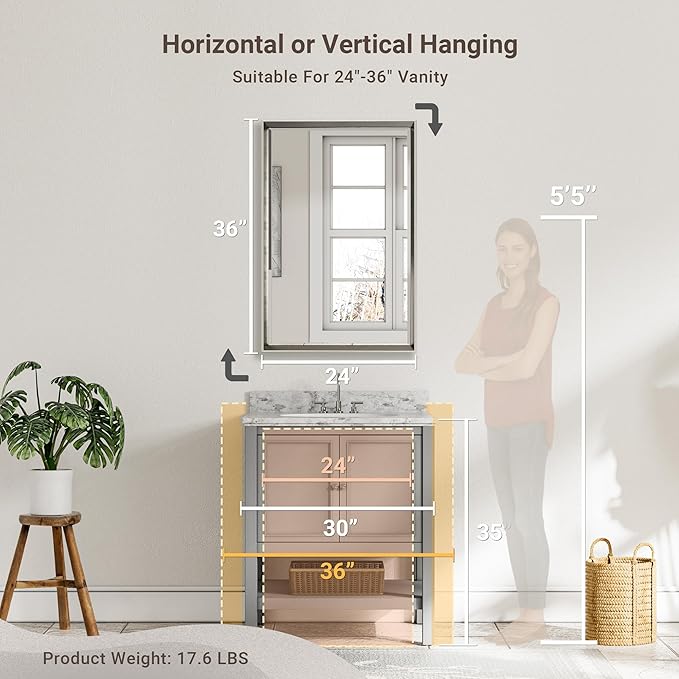 Brushed Nickel Bathroom Mirror, 24x36 Inch Beveled Framed Bathroom Mirror Anti-Rust, Brushed Nickel Metal Frame Bathroom Vanity Mirror for Wall, Vertical/Horizontal Wall-Mounted Mirrors