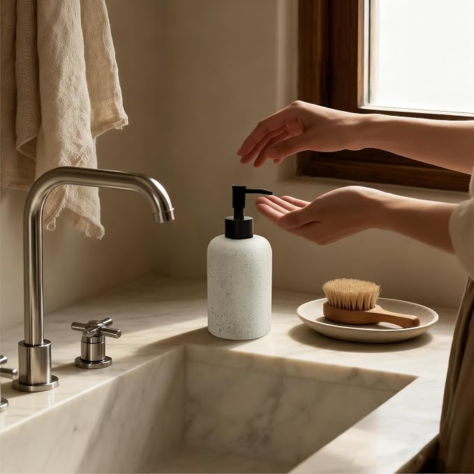 13.5 oz Bathroom & Kitchen Countertop Soap Dispenser, Travertine-Look Durable Resin Bottle with ABS Pump (White)