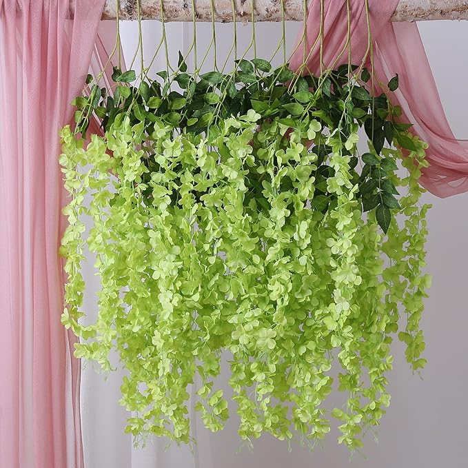 Duovlo 12 Piece Artificial Silk Wisteria Vine 3.6 Feet Hanging Flower Garland String Home Party Wedding Decor (Green)