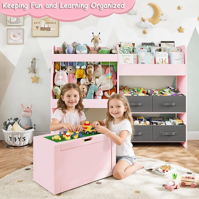 Toy Storage Organizer with Stuffed Animal Storage - Kids Bookshelf with 4 Removable Bins and 1 Movable Toy Storage Bin, 3-Tier Bookshelf with Building Block Play Table for Kids Room Playroom (Pink)