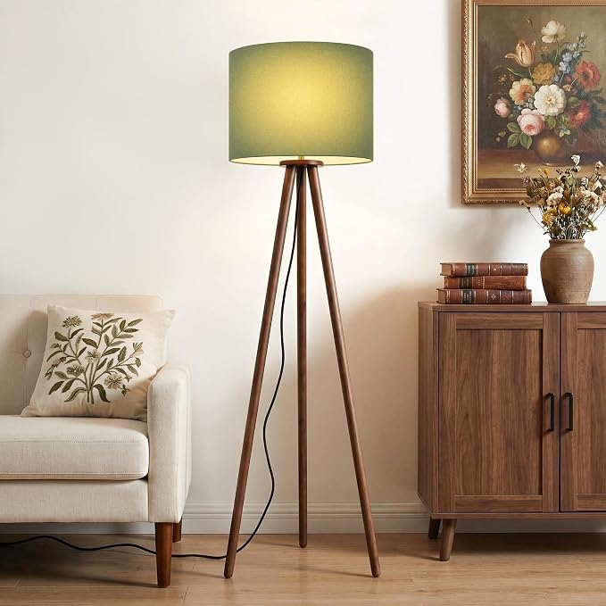 Buruis 60.6" Solid Wood Tripod Floor Lamp with 15.7" Large Linen Shade, Mid-Century Walnut Finish Standing Lamp for Living Room, Bedroom, Office, Corner, UL Listed, Bulb Not Included, Green