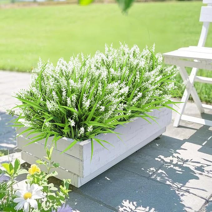 Ouddy Decor 24 Bundles Artificial Flowers for Outdoors, Fake Lavender Flowers Monkey Grass Faux Plastic Plants Shrubs UV Resistant for Porch Garden Window Box Office Home Decorations, White