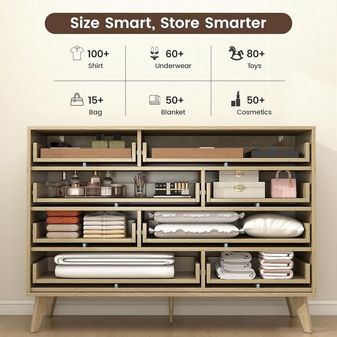 Hadulcet Wood Dressers for Bedroom 34” Tall, Large 8 Drawer Dresser TV Stand, Modern Chest of Drawers for Closet Clothes Storage Organizer with Fluted Panel, No Handles Design, Natural Oak