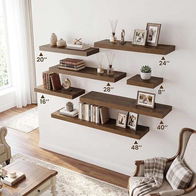 RICHFOCUS 20Inch Floating Shelves for Wall 2 Pack Shelves for Bedroom|Kitchen|Bathroom|Laundry Room Rustic Wood Wall Mounted Shelf with Invisible Brackets for Books|Storage|Decor, Walnut