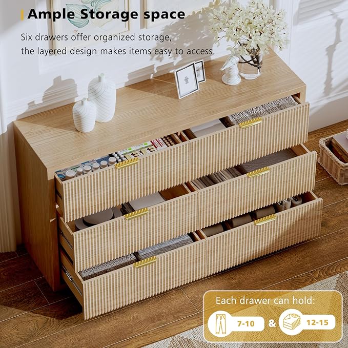 55.12" Modern Chest of Drawer, 6 Deep Drawers,Clothes Organizer,Large Storage Cabinet for Living Room, Bedroom,Dresser TV Stand, Wood Drawer Organizer for Living Room, Hallway, Lumber