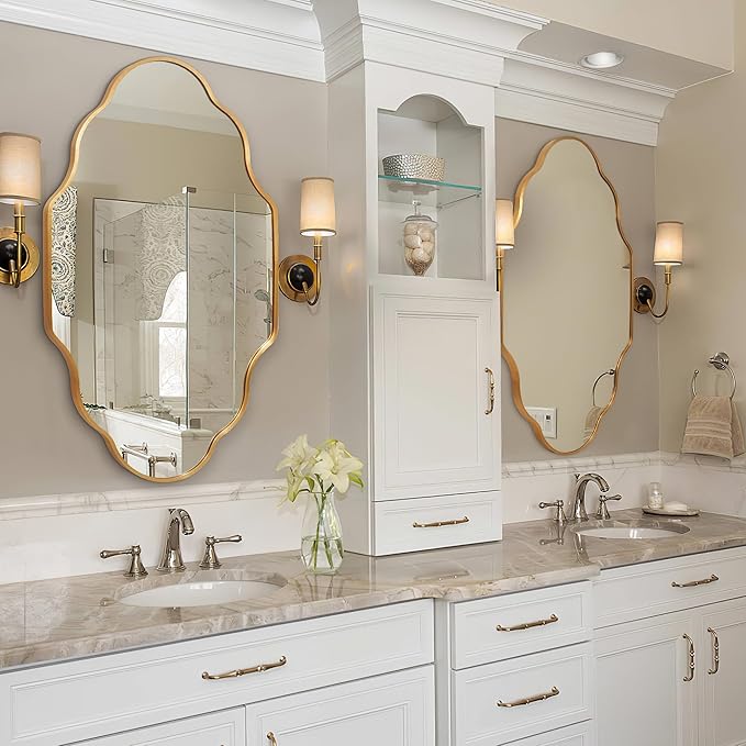 Scalloped Mirror for Bathroom - 24"x36" Gold Bathroom Mirror with Aviation Aluminum Alloy Frame & Shatter-Proof Glass for Living Room Bedroom Entryway, Brushed Gold Frame(x1)