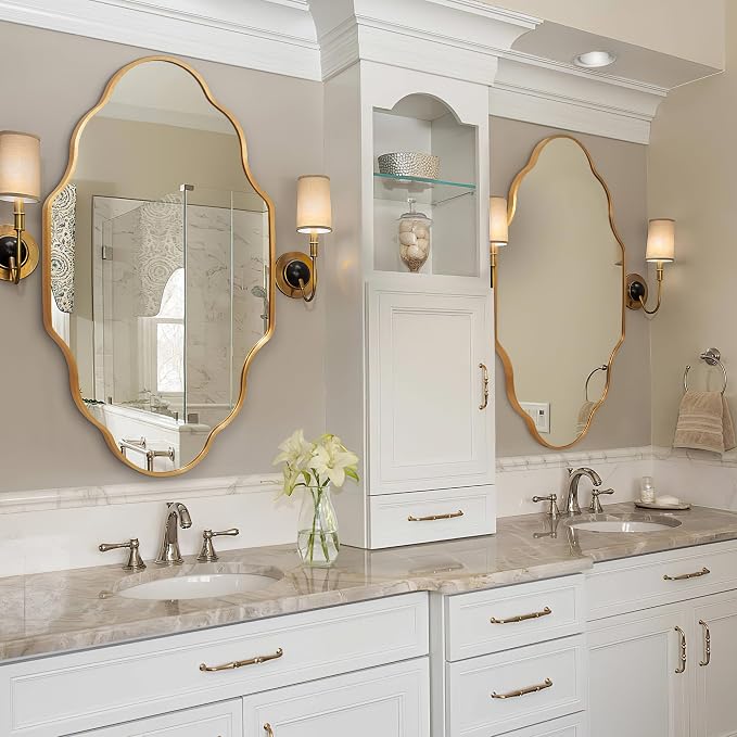 Scalloped Mirror for Bathroom - 26"x46" Gold Bathroom Mirror with Aviation Aluminum Alloy Frame & Shatter-Proof Glass for Living Room Bedroom Entryway, Brushed Gold Frame(x1)