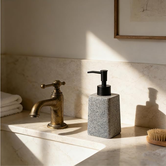 Bathroom & Kitchen Countertop Soap Dispenser, Modern Sandstone-Look Resin Bottle with ABS Pump, Durable Shatter-Resistant 8.5 oz Dispenser (Grey)