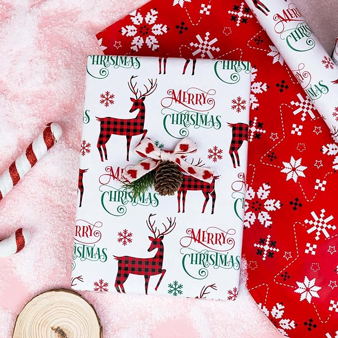 MAYPLUSS Christmas Wrapping Paper Roll - 17IN X 33FT - Gift Wrapping Paper Featuring Merry Christmas Reindeer Reversible Snowflake for Kids, Holiday, New Year