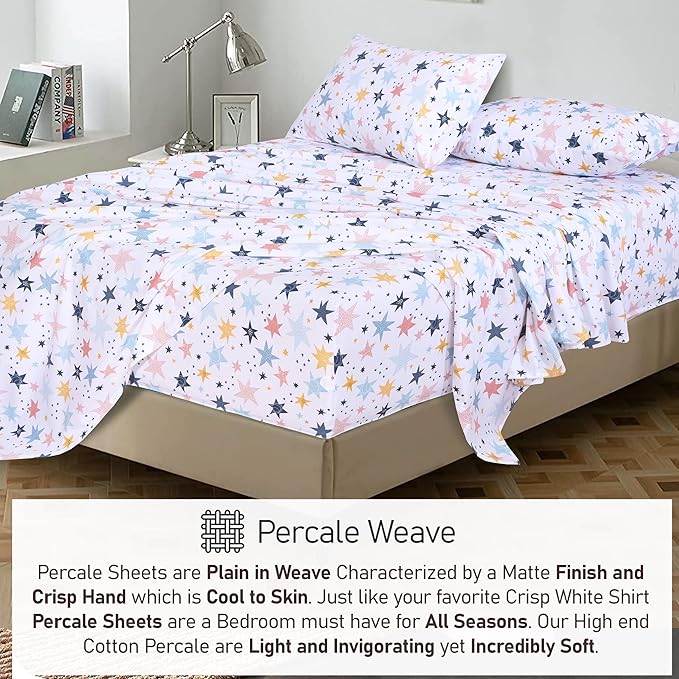 RUVANTI 100% Cotton Sheets Queen Size Set, 4 Pieces, Soft & Breathable Percale Weave Bedding, Deep Pocket 16", Hotel Standard, Crisp Cool Feeling, Durable, Perfect Floral Bed Sheet, Fault Star