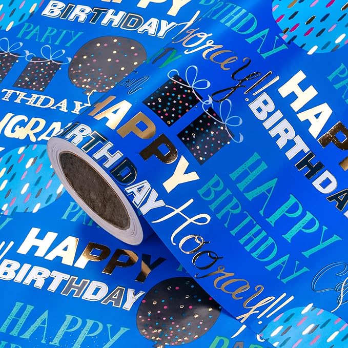 WRAPAHOLIC Birthday Wrapping Paper - Mini Roll - 17 Inch x 16.5 Feet - Blue Gold Foil Happy Birthday Wrapping Paper for Kids, Boys, Men, Baby Shower