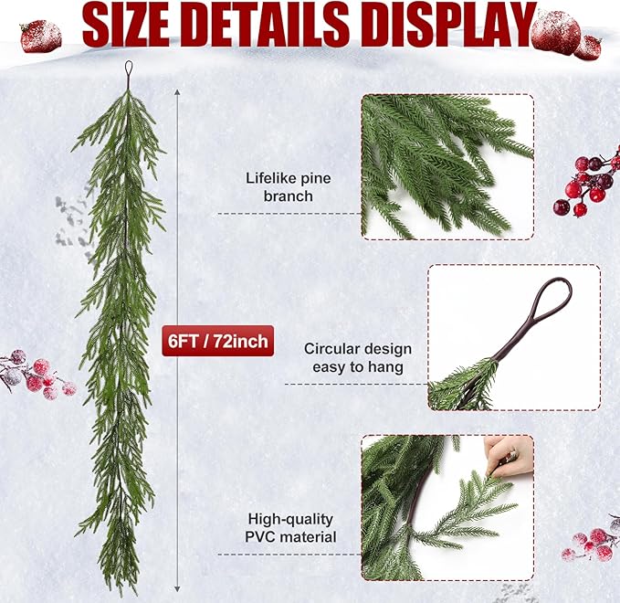 Artgar Pine Garland - 6Ft Christmas Garland - Pine Garland Realistic - Artificial Green Cedar Garlands Christmas Decorations for Home Mantel Stairs Dining Table Christmas Decor (White-Green)