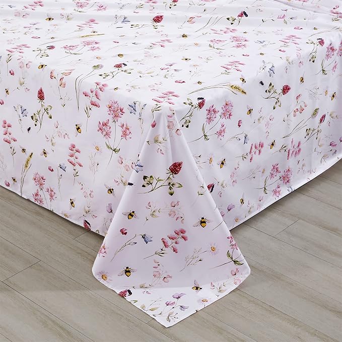RYNGHIPY Shabby Floral Bees Print Bedding Sheets with Pillowcases, Breathable Egyptian Cotton Bed Sheet Set (Bee,King Size)