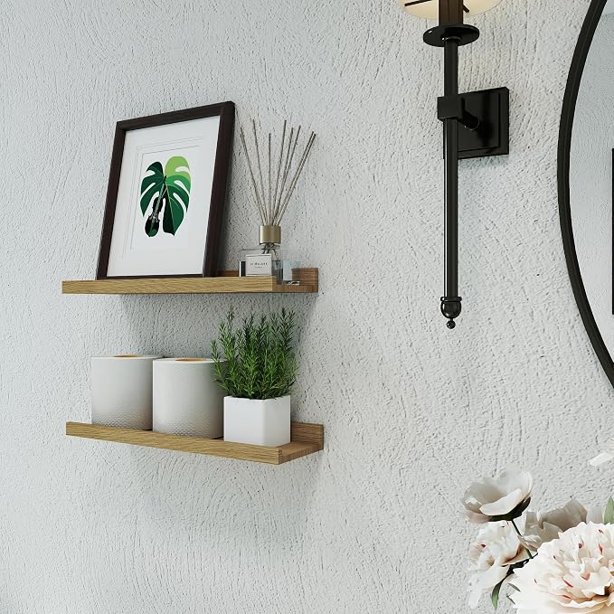Floating Shelves for Wall Decor, Wall Mounted Wood Storage Shelf for Bedroom, Living Room, Bathroom, Kitchen, Nursery, Display Picture Ledge Shelf with Lip Set of 2-16 Inches, Oak